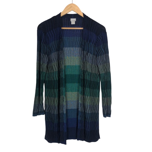 Chico's Multicolor Ombre Ribbed Wave Knit Open Front Cardigan Sweater Size M - Picture 8 of 14
